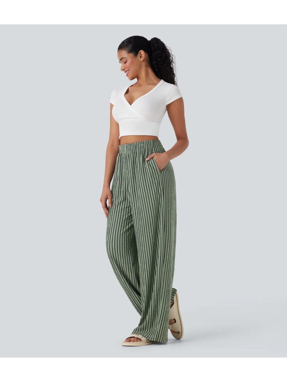 Halara High Waisted Straight Leg Crinkle Casual Pants Green Black Stripes Size M - Picture 8 of 8